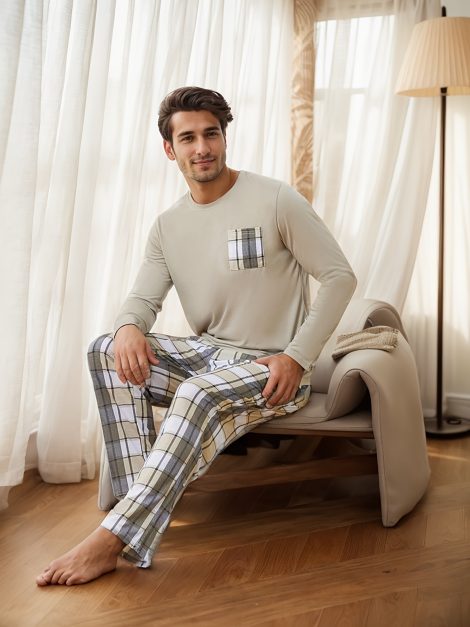 Polyester Long Sleeve Trousers Men's Pajama Set