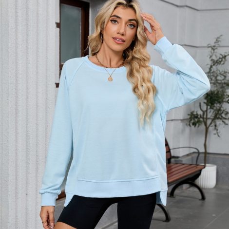 Solid Color Thread Round Neck Long Sleeve Loose Sweatshirt Women's Top