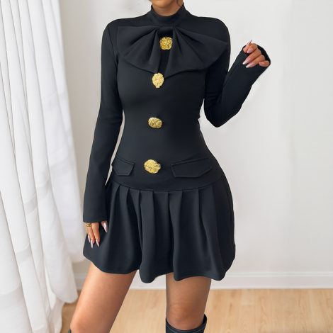 Bow Fastener Decoration Half Turtleneck Dress