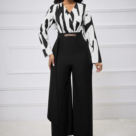 Women's V-neck Printed Waist Cinching Loose Wide Leg Jumpsuit