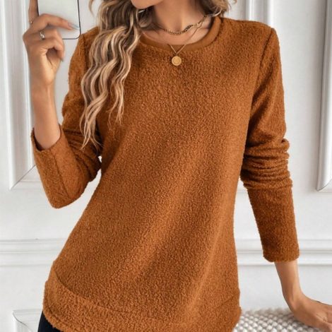 Casual Warm Solid Color Round Neck Teddy Sports Shirt