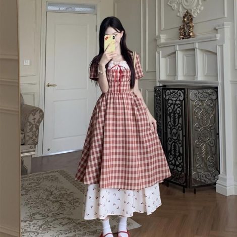 Summer Japanese Sweet Red Plaid Dress
