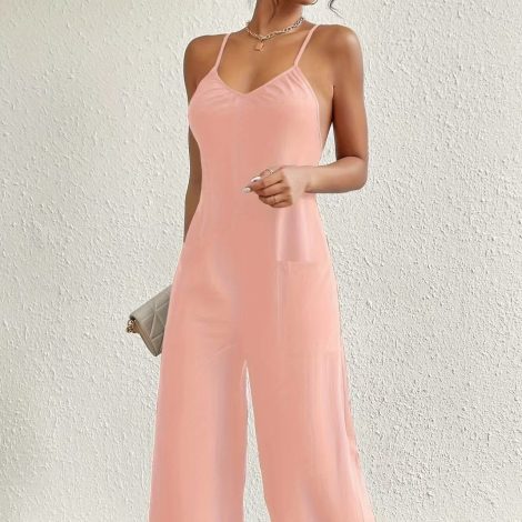 Ladies' Solid Color Chest Pleated Design Cross Suspender Sexy Jumpsuit