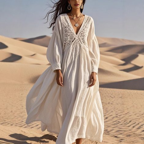Lace Hollow Loose Long Sleeve Cotton And Linen Dress