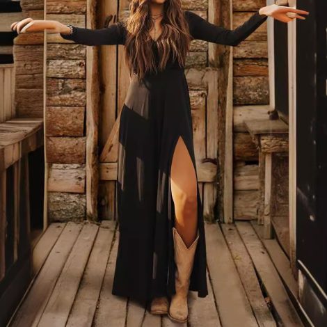 Women's V-neck Long Sleeve Split Dress