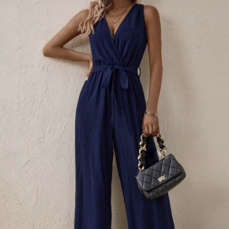 Ladies' Versatile Commuting Solid Color V-neck Lace Up Off Shoulder Daily Elegant Jumpsuit