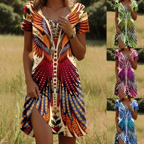 Printing Element Round Neck Short Sleeve Dress