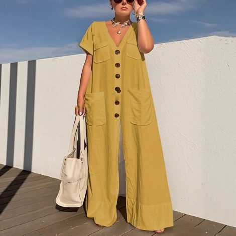 Single-breasted Pocket Elegant Solid Color Jumpsuit