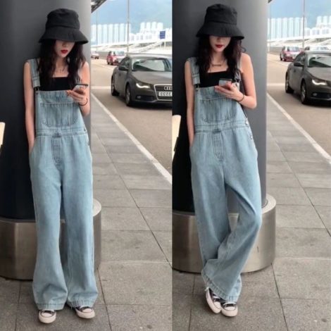Plus Size High Waist Wide Leg Jeans Suspender Pants For Women