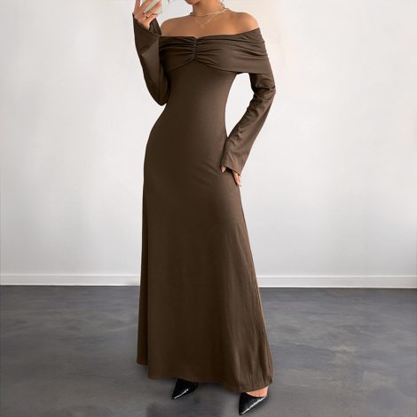 Brown Off-shoulder Slim Women's Dress