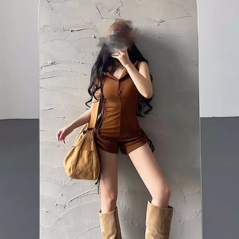 Hooded Drawstring Slim Sleeveless Backless Fitness One-piece Shorts