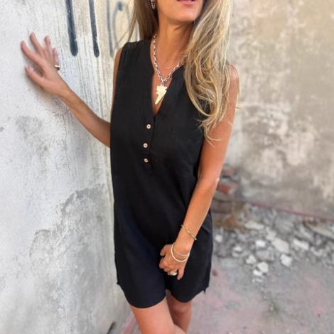 Fashion Casual Cotton Linen Solid Color Buttons Pocket Deep V-neck Dress