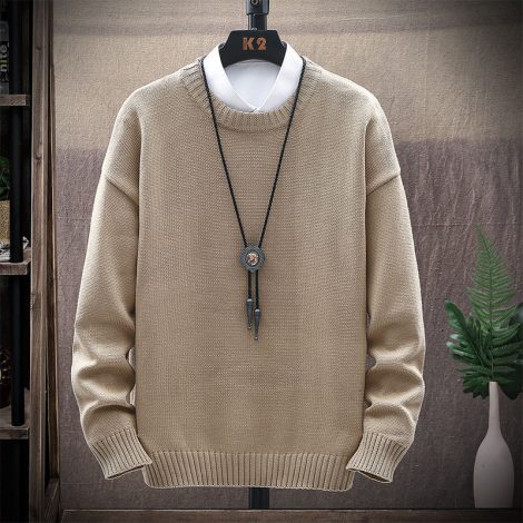 Men's New Casual Round Neck Brown Long-Sleeved Pullover Loose Sweater