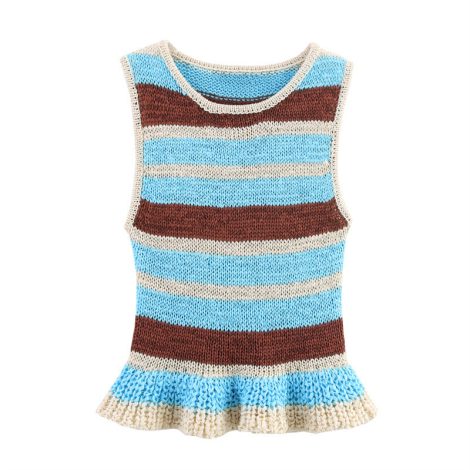 Laminated Decoration Striped Sleeveless Knitted Top