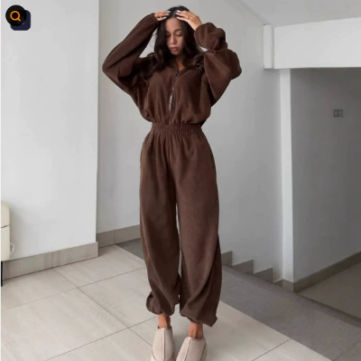 Long Sleeve Jumpsuit Women's Casual Half Cardigan Elastic Waist Suit