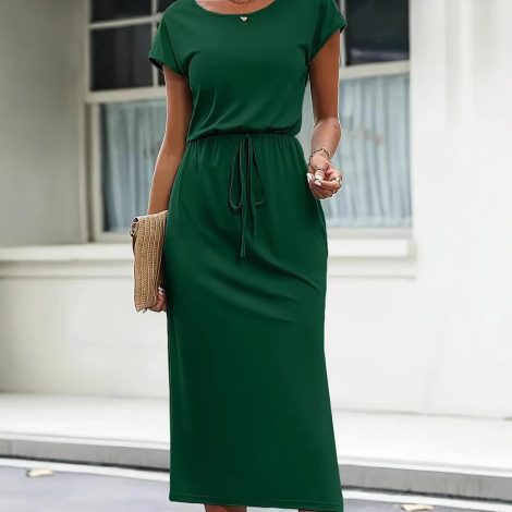Casual Cinched Waist Slim-fit Round Neck Short Sleeve Dress