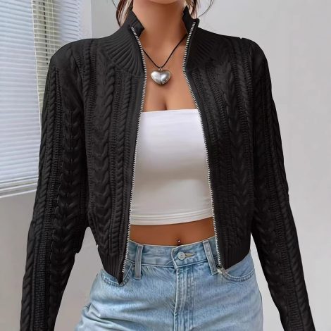 Short Retro Hemp Pattern Double-headed Zipper And Lapel Sweater Coat