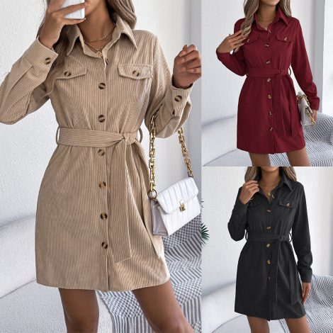 Casual Solid Color Single-breasted Long Sleeve Lace-up Corduroy Shirt Dress