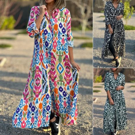 Elegant Square Collar Long Sleeve Printed Shirt Skirt Dress