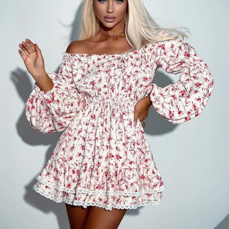 Sexy Off-neck Puff Sleeve Pleated Tube Top Printed Waist-controlled Dress