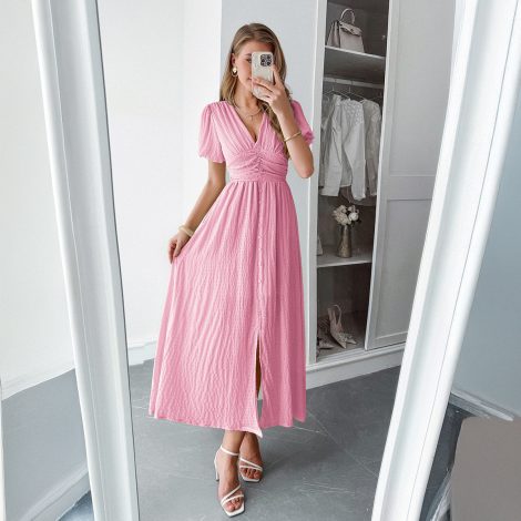 Elegant Vacation Style Deep V Short Sleeve Maxi Dress